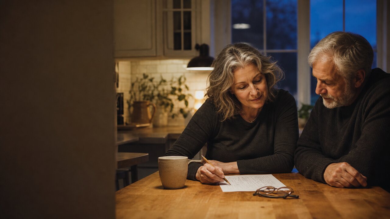 A woman and a man sit at a kitchen table with a pencil, considering a paper puzzle.